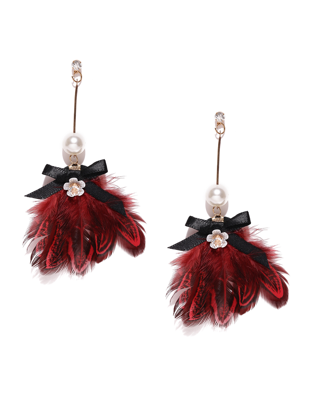 YouBella Red Gold-Plated Feather-Shaped Drop Earrings